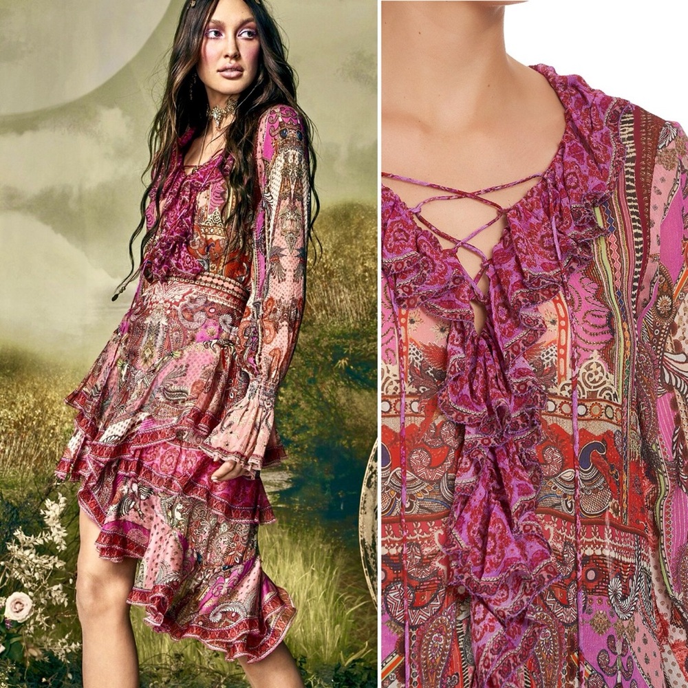 Camilla Crystal Embellished Silk Lotus Lovers Lace-Up Ruffled Blouse